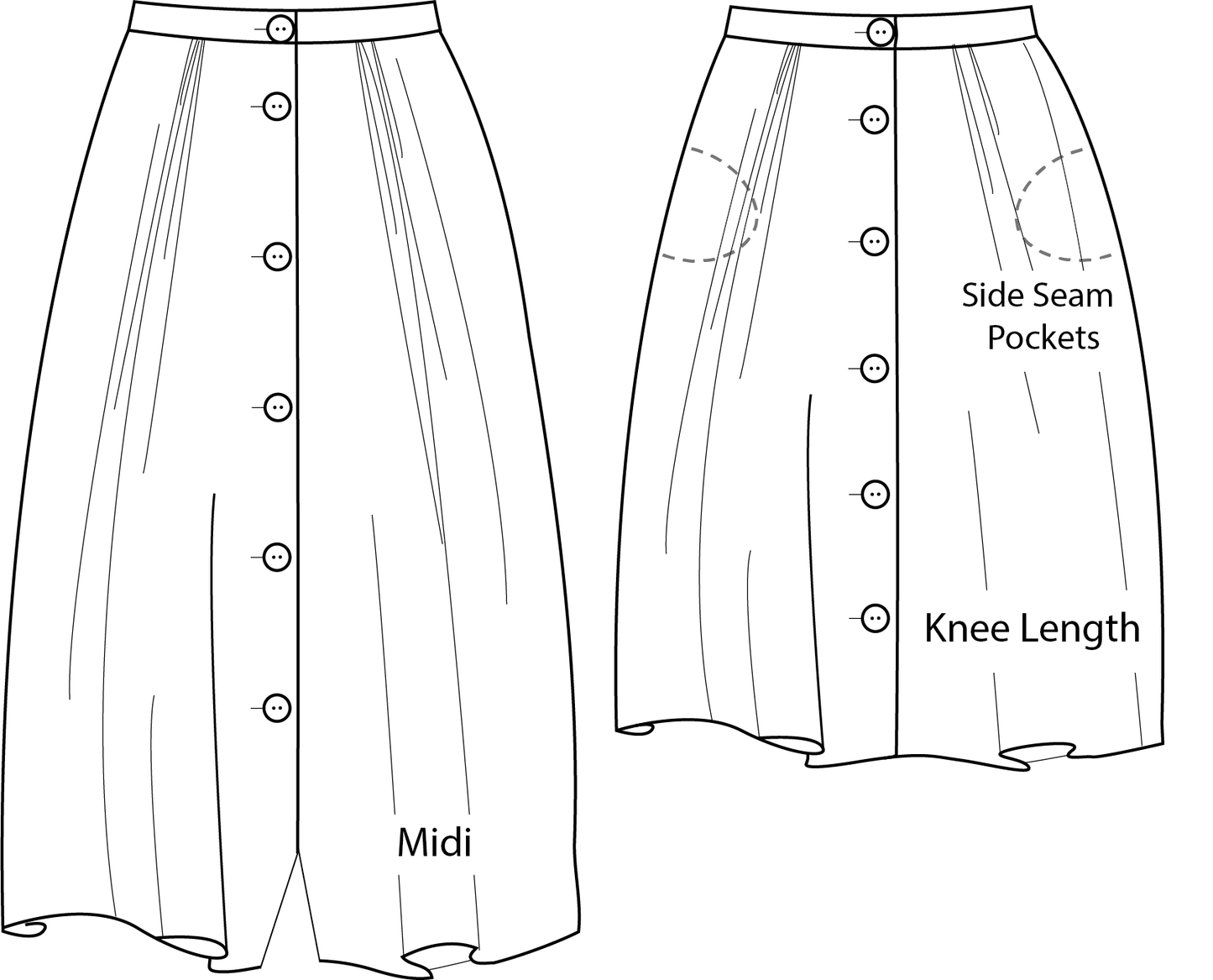 Farmhouse skirt pattern options. Including optional side seam pockets and lengths. Lengths include midi and knee. 