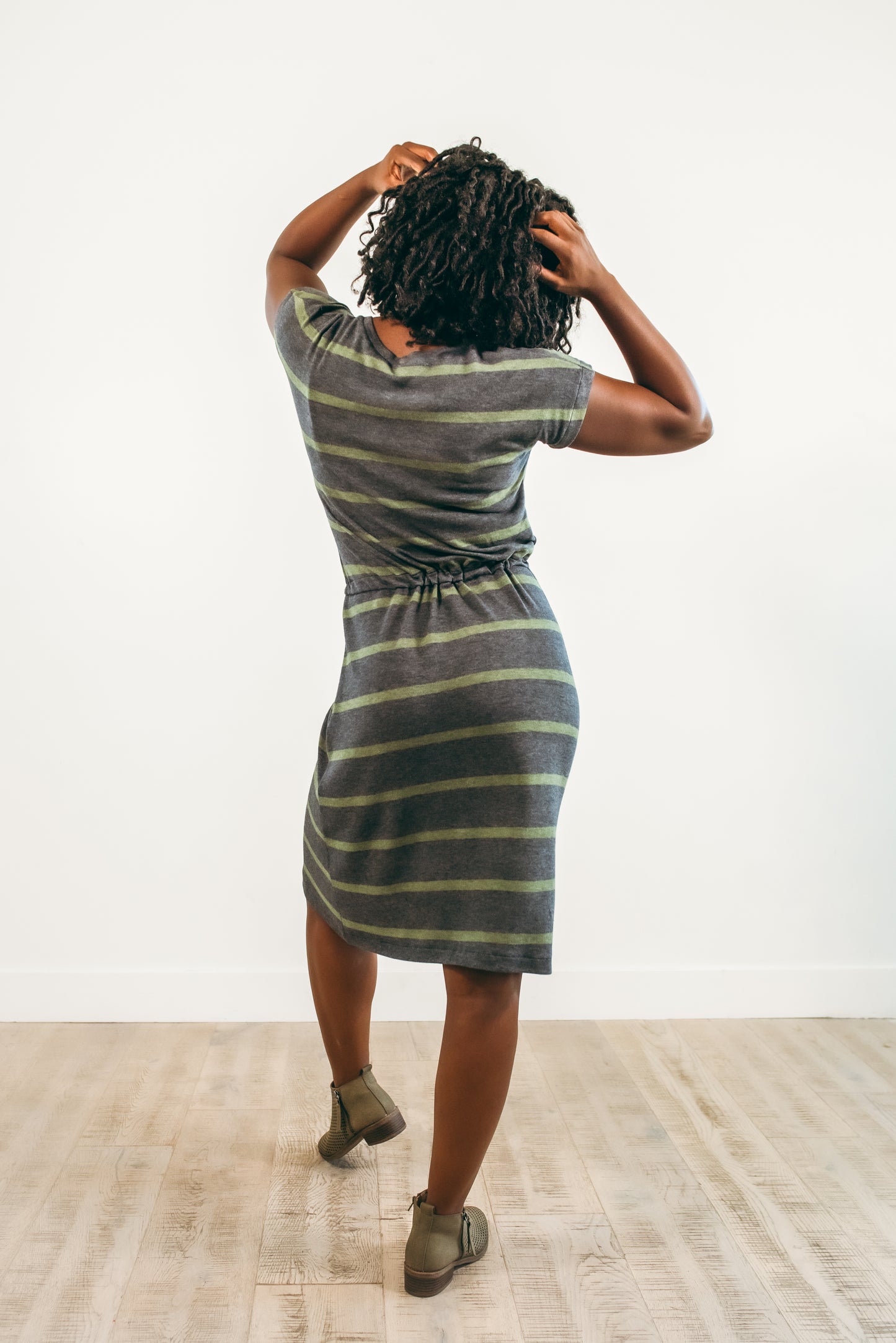 Back view of the Helen Dress in Misses size and knee-length skirt. 