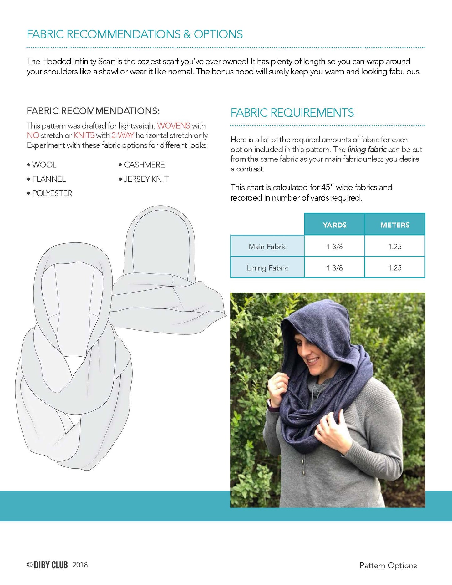 Hooded Infinity Scarf Pattern options and fabric requirements. 