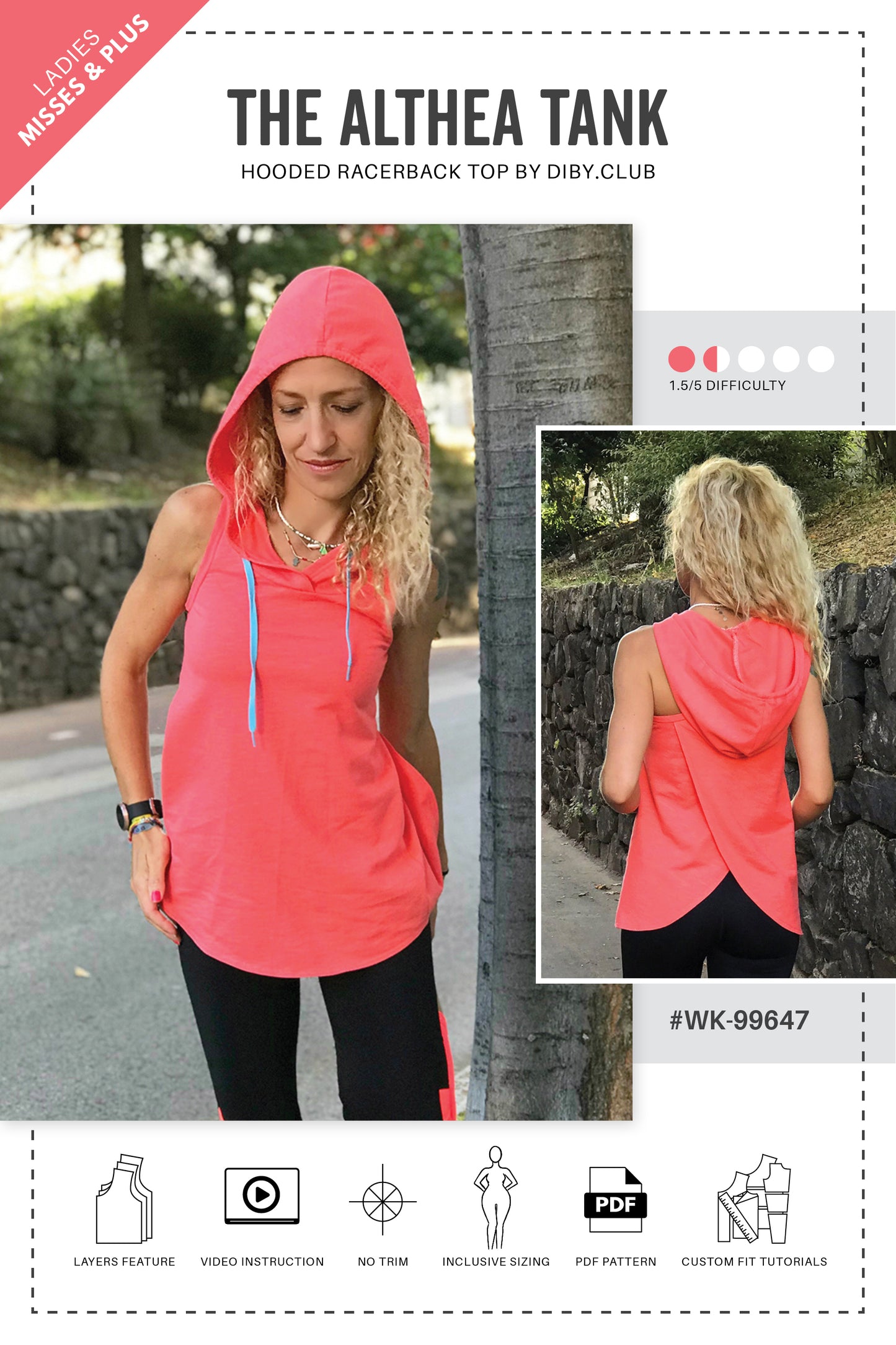 Cover page of Althea Tank Instructions book. A photo of a front view of a woman wearing a bright pink Althea tank with the hood up. 2nd photo is from the back with her hood down and a tulip back.