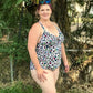 Front view of the Annette swimsuit pattern in a colorful leopard print design. Features straight front straps. 