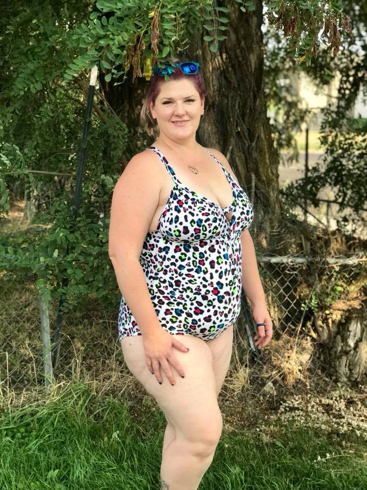 Front view of the Annette swimsuit pattern in a colorful leopard print design. Features straight front straps. 