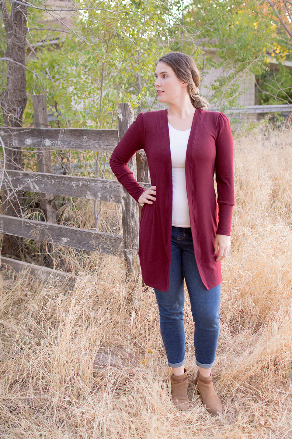 The Grace Cardigan in long length with long sleeves. 