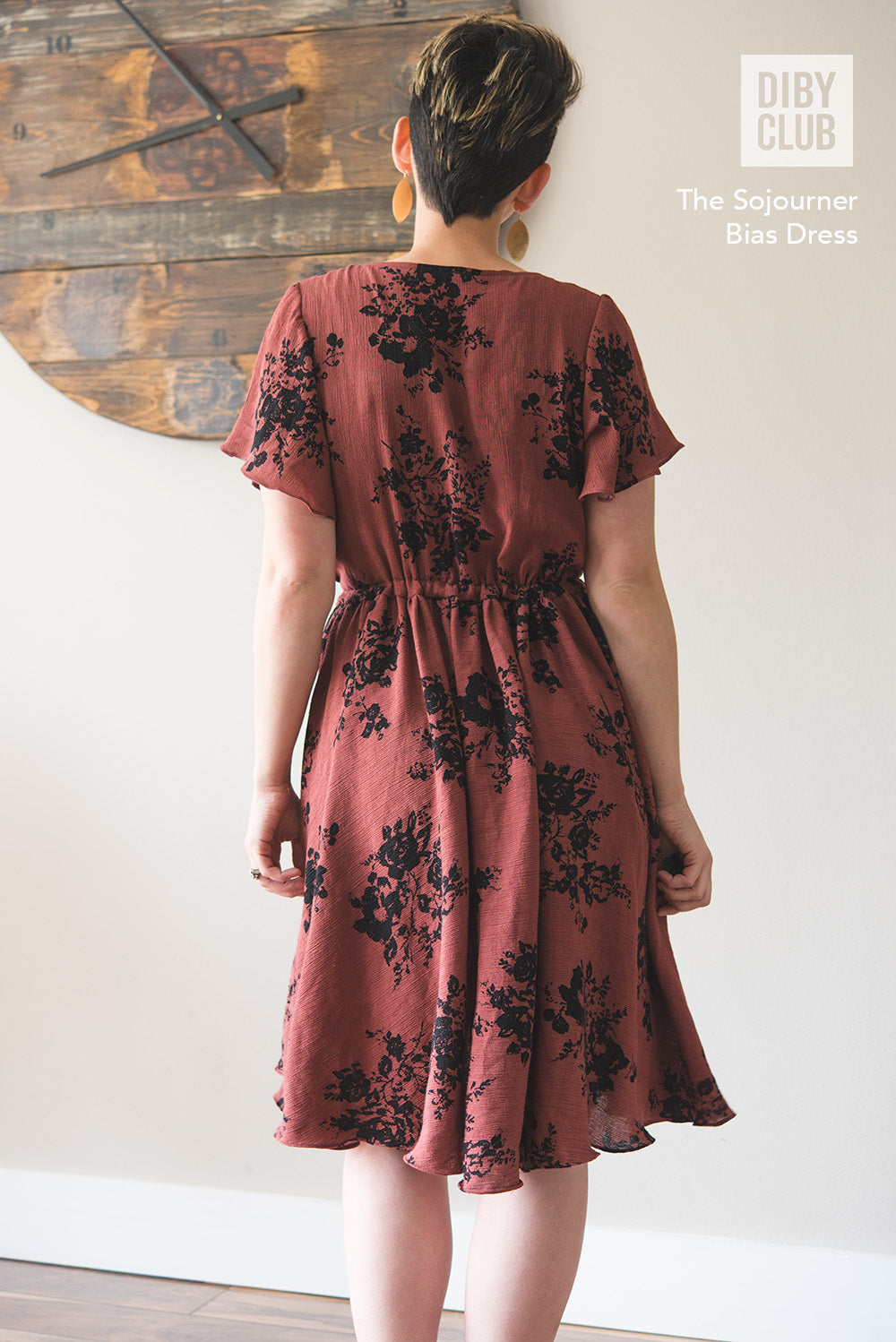 Back view of the Sojourner bias dress with high-low hem.
