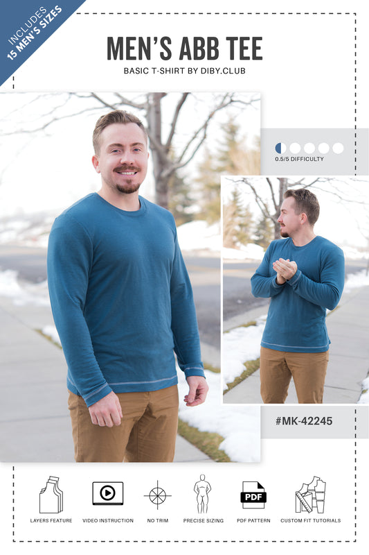 Pattern cover photo: two pictures of a white man in solid blue long sleeve shirt. "Includes 15 men's sizes, layers feature, video instructions, no trim, slim and regular, PDF pattern, custom fit tutorials."