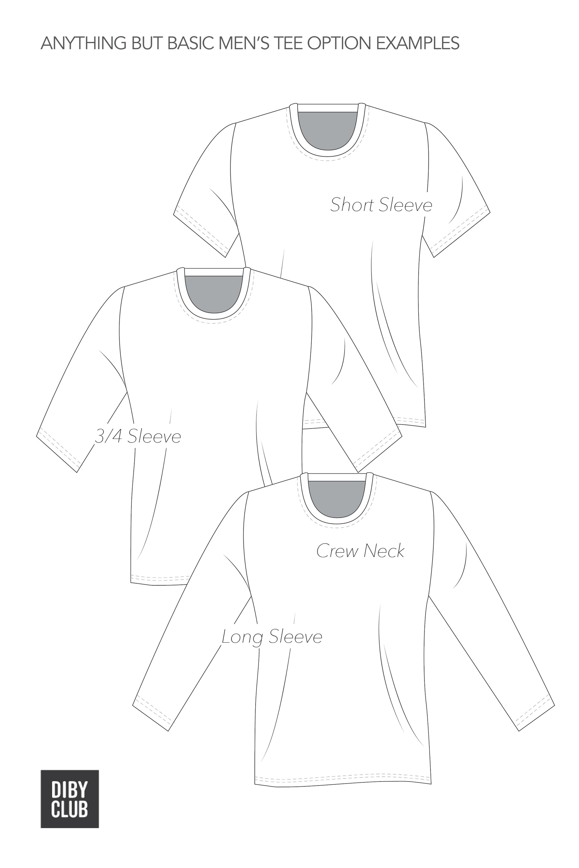 Sketches of pattern options: short sleeve, 3/4, crew neck, long sleeve