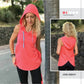 Cover page of Althea Tank Instructions book. A photo of a front view of a woman wearing a bright pink Althea tank with the hood up. 2nd photo is from the back with her hood down and a tulip back.