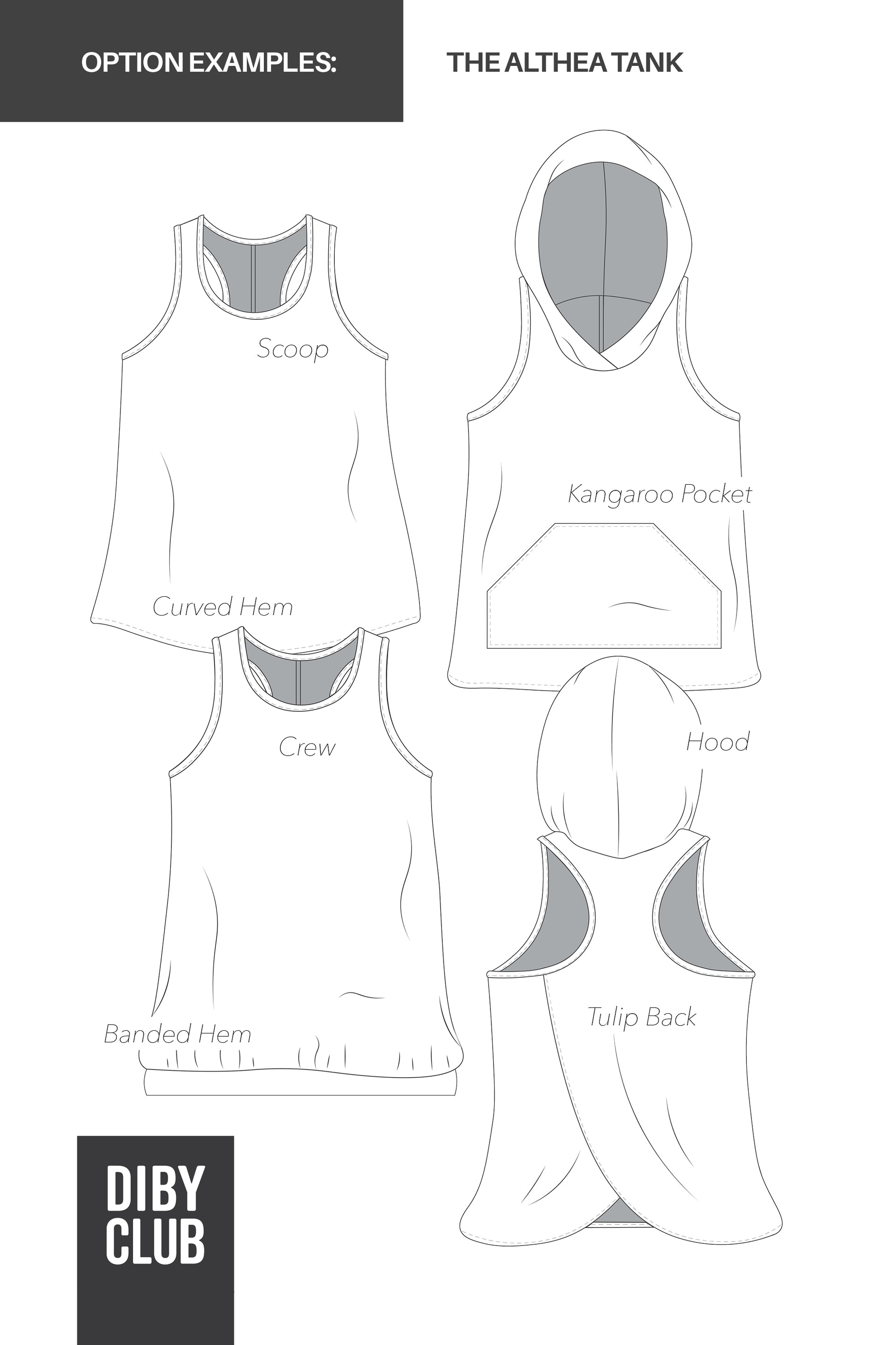 Front and back view sketches of the options for the Althea Racerback Tank - with or without a hood and racerback or curved hem.