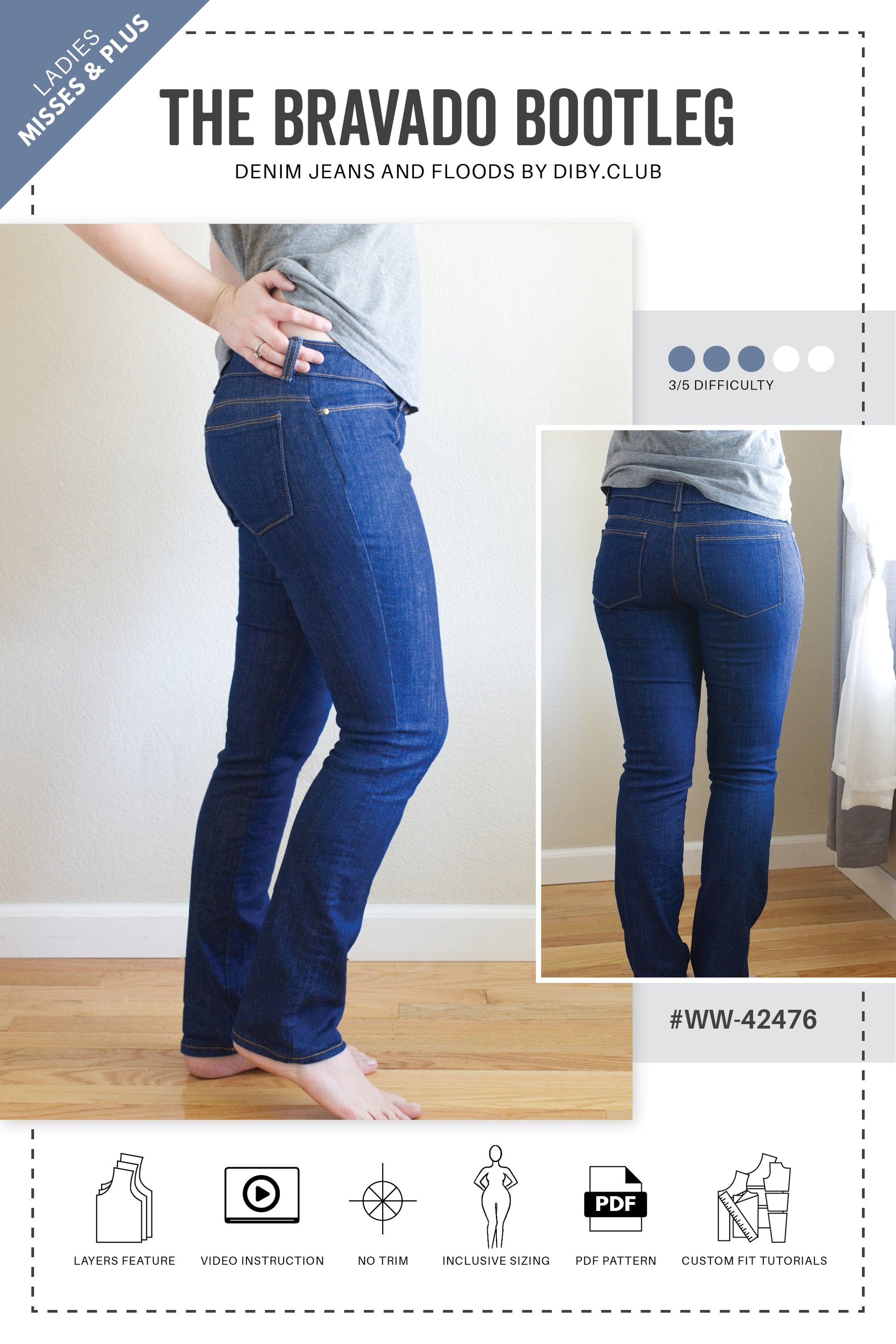 Cover of DIBY Club Bravado Bootleg Pattern Instruction Book showing side and back view of jeans