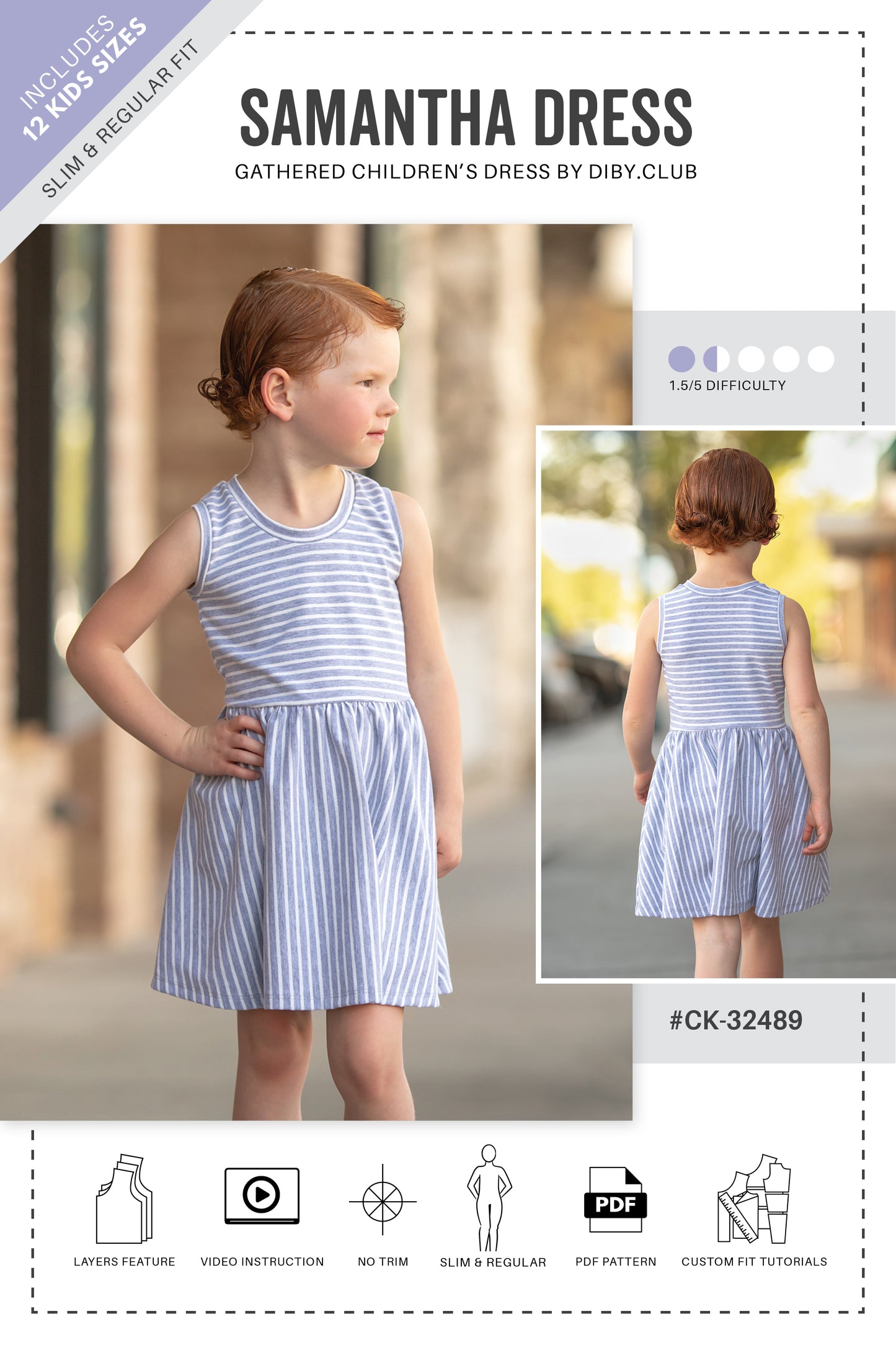Pattern cover for the Samantha Dress. Features a young girl in a blue and white striped, sleeveless gathered dress. 